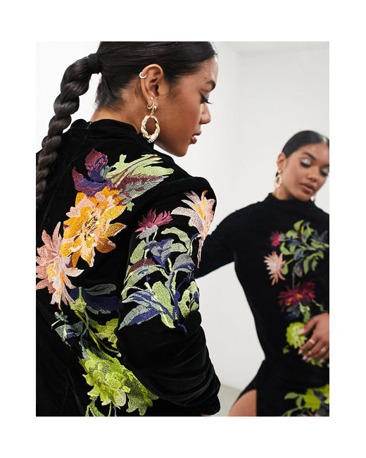 ASOS Velvet Floral Embroidered High Neck Column Maxi Dress in Black | Lyst