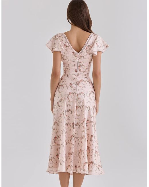 House Of Cb Pink Raye Vintage Rose Floral Print Satin V-Neck Midi Tea Dress
