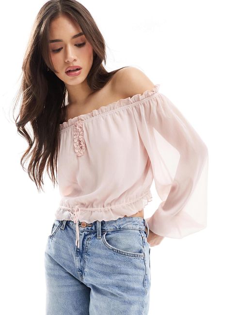 Bershka Blue Ruffle Detail Bardot Top