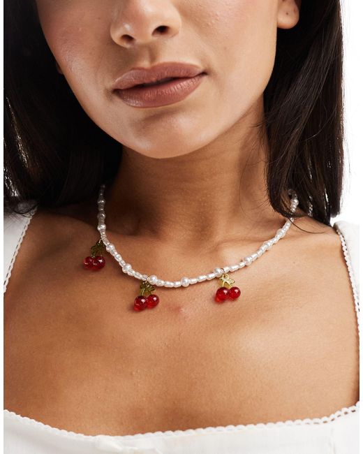 ASOS Brown Necklace With Faux Freshwater Pearl And Triple Red Cherry Design