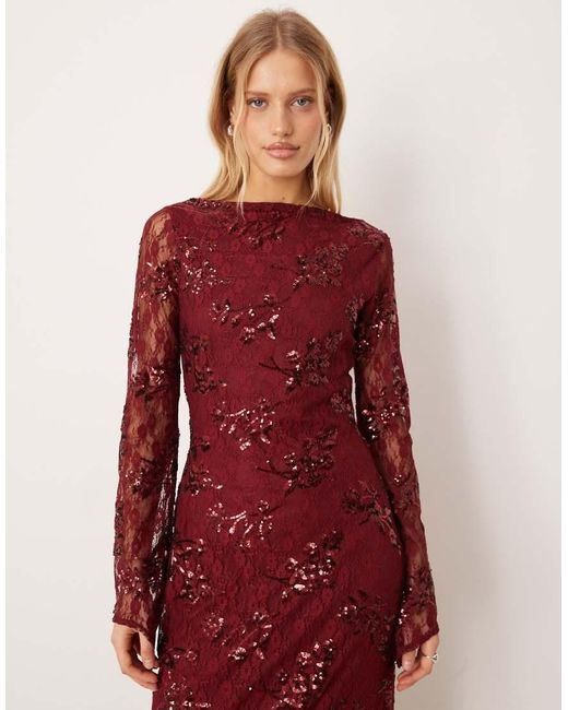 ASOS Red Long Sleeve Sequin Lace Maxi Dress