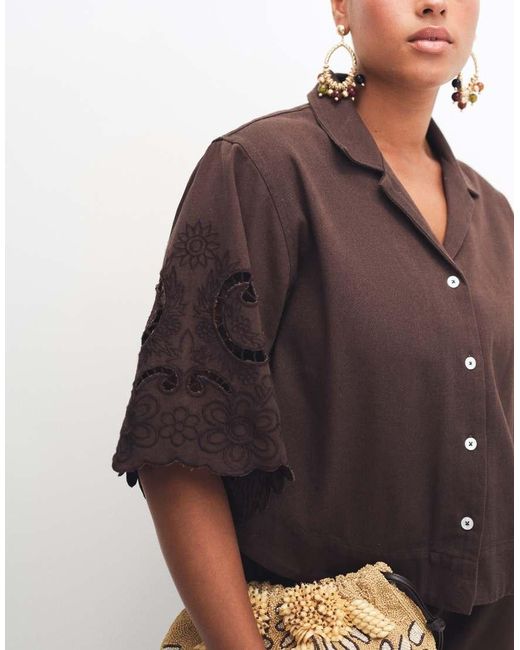 ASOS Brown Asos Design Curve Denim Short Sleeve Shirt With Cutwork Detail