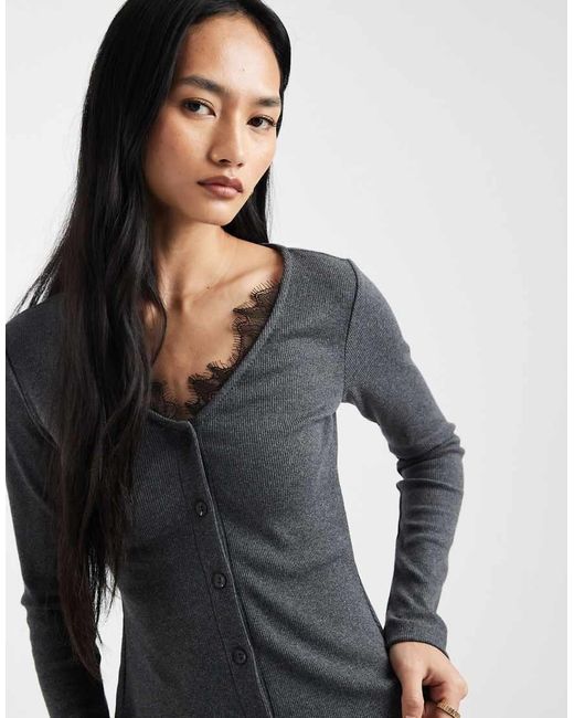 ASOS Blue Long Sleeve With V Neck And Lace Black Trim Top
