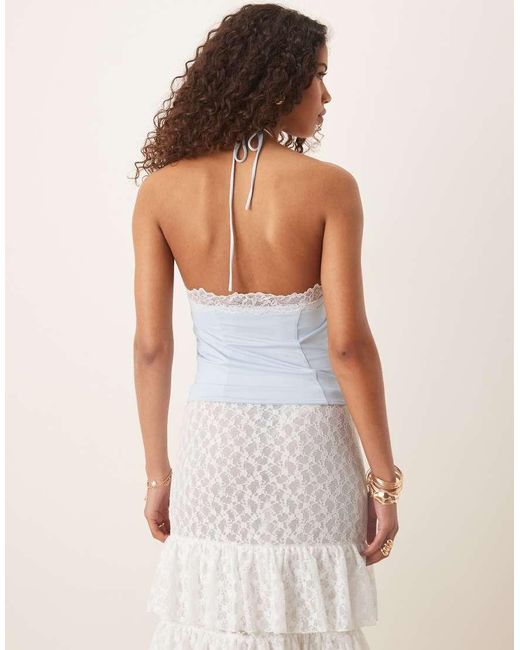 ASOS Blue Slinky Lace Trim Halter Top