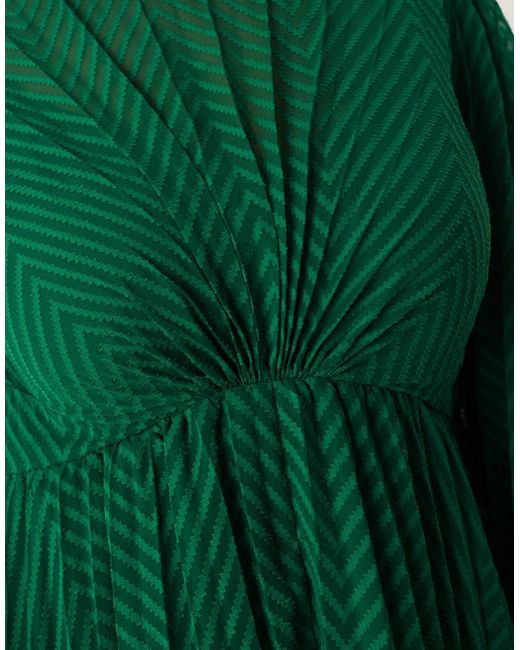 ASOS Green Asos Design Curve Tie Back Fluted Sleeve Pleated Chevron Chiffon Midi Dress