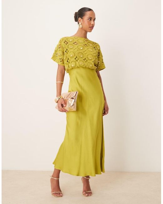 Never Fully Dressed Yellow Tilly Shell Embellished Crochet Maxi Dress