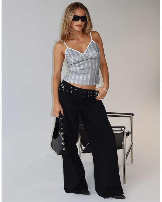 Princess Polly Black Baccarat Cotton Rich Double Belted Eyelet Detail Wide Leg Denim Jeans
