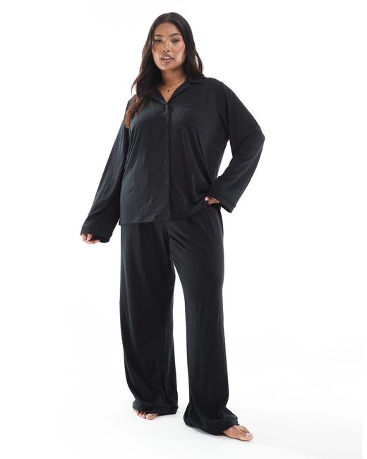 Loungeable Blue Curve Super Soft Jersey Revere Top And Wide Leg Pants Pyjama Set With Piping Detail