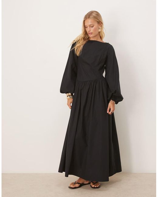 ASOS Black Poplin Maxi Dress With Volume Sleeve