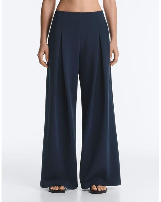 Oysho Blue Wide-Leg Pique Trousers With Cotton