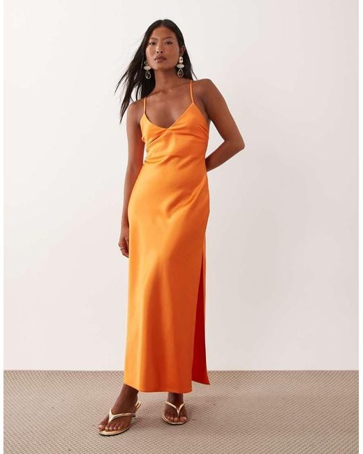 Miss Selfridge Orange Satin Back Detail Maxi Slip Dress