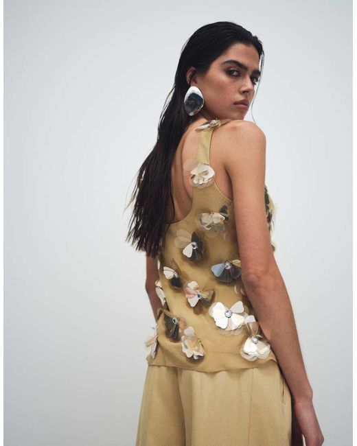 ASOS Brown 3d Flower Embellished Scoop Neck Cami