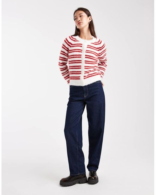 Threadbare Red Crew Neck Fluffy Cardigan