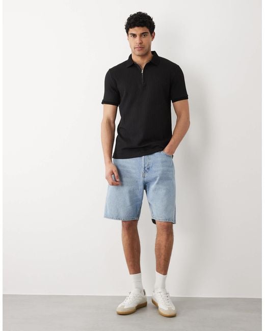 SELECTED Black Ribbed Half Zip Polo Shirt for men