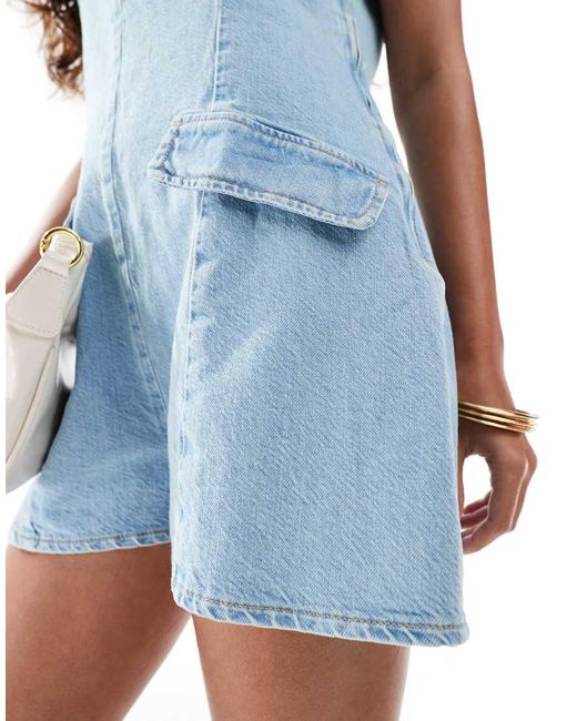 ASOS Blue Denim Scoop Neck Playsuit With Pocket Detail