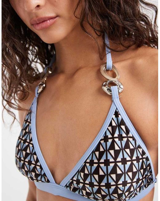 River Island White Geometric Print Bikini Top