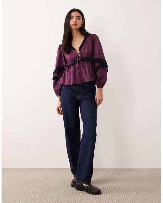 Glamorous Purple Boho Ruffle Broderie Long Sleeve Blouse