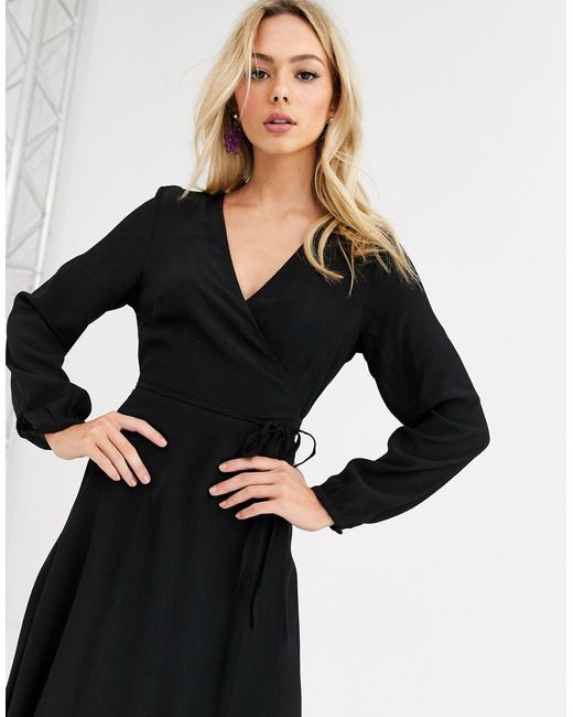 New Look Long Sleeve Wrap Midi Dress in Black | Lyst UK