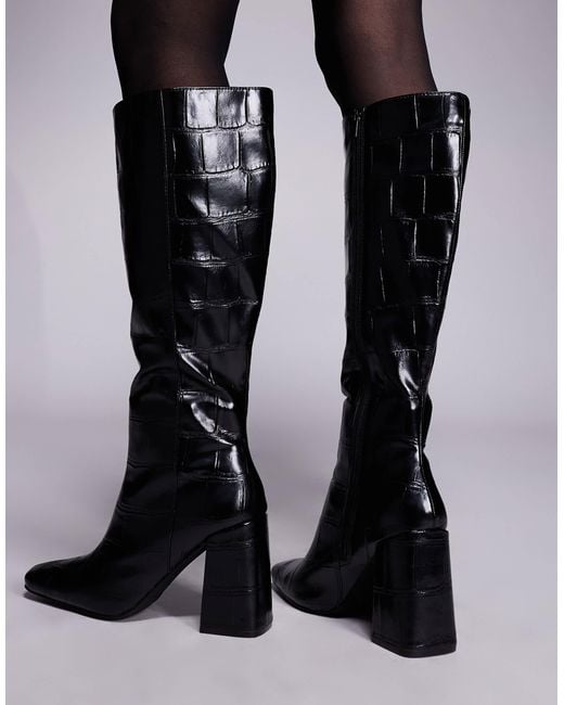 Public Desire Black Apology Block Heel Knee Boots