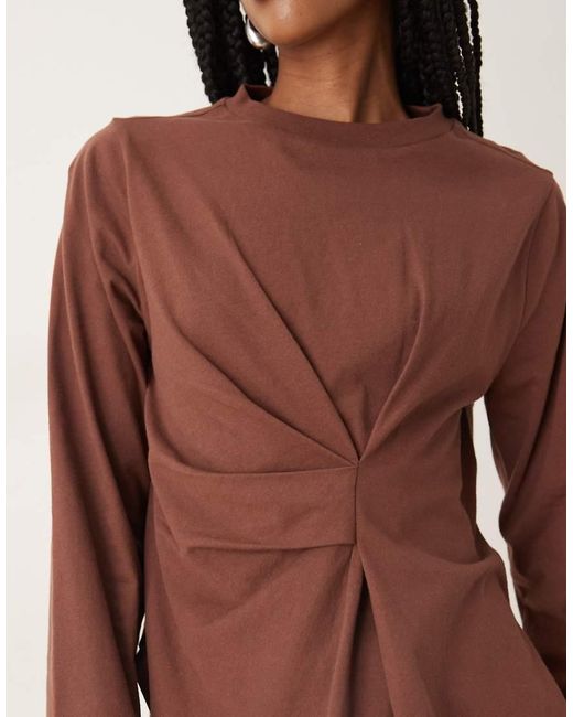ASOS Brown Pleat Detail Cinched Long Sleeve Top