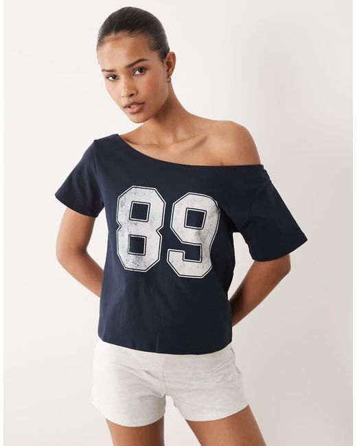 Cotton On Blue Sporty Off Shoulder Graphic Tee