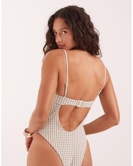 ASOS White Piper Paper Touch Plaid Ruched Balconette Swimsuit