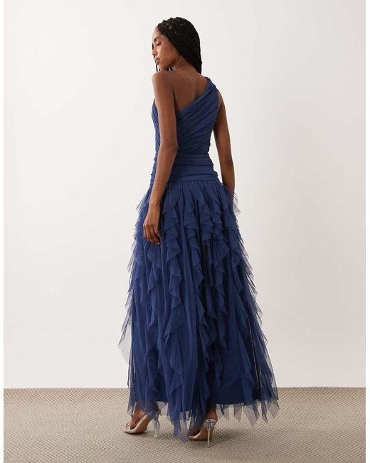 LACE & BEADS Blue Bridesmaid One Shoulder Waterfall Ruffle Maxi Dress