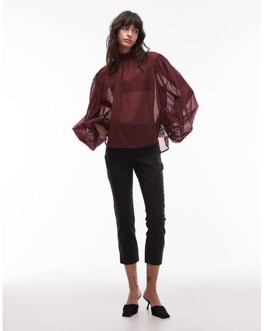& Other Stories Red Semi Sheer Blouse With Puff Sleeves And Bow