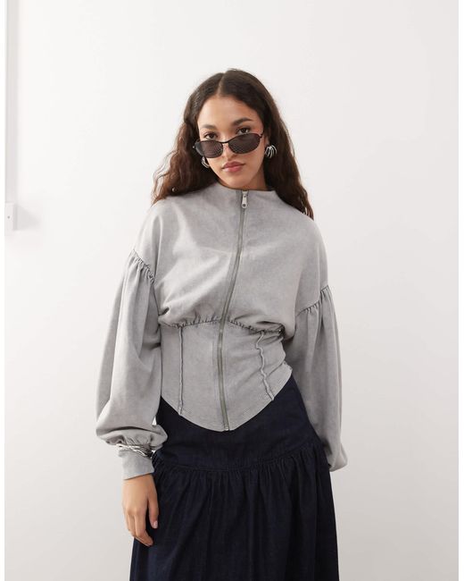 ASOS Gray Funnel Neck Zip Up Acid Wash Corset Hoodie