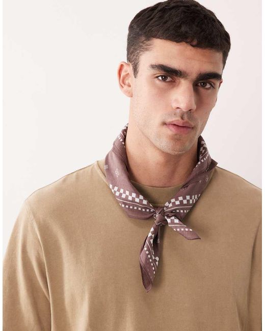 ASOS Brown Paisley And Checkerboard Cotton Bandana for men