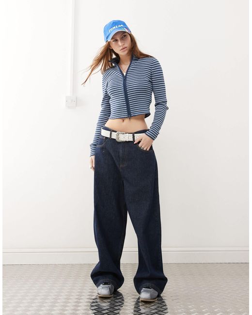 Guess Blue Knitted Zip Through Stripe Sweater