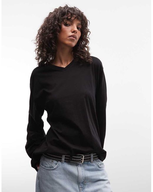 Weekday Black Boxy Fit Long Sleeve T-shirt With V-neck