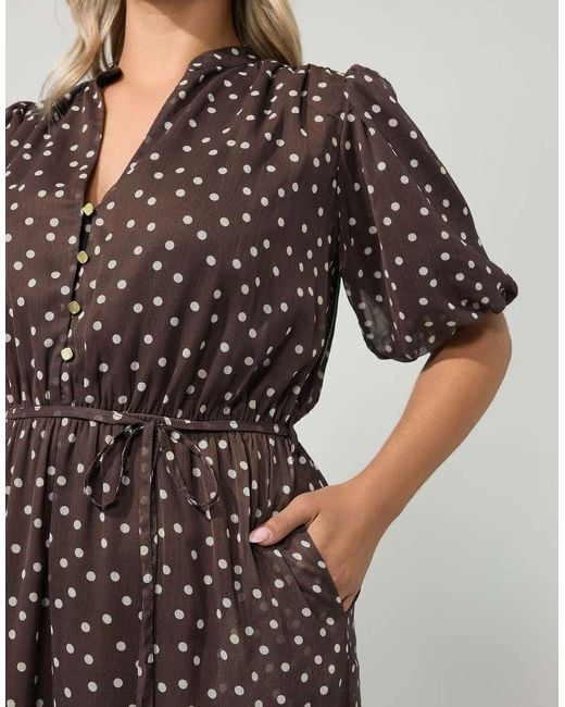 Yours Clothing Brown Polka Dot Puff Sleeve Dress