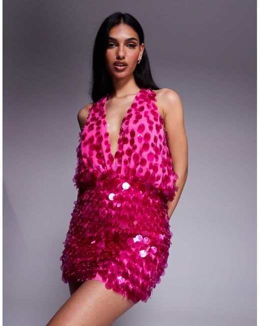 ASOS Pink Clear Sequin Fringe Halter Mini Dress