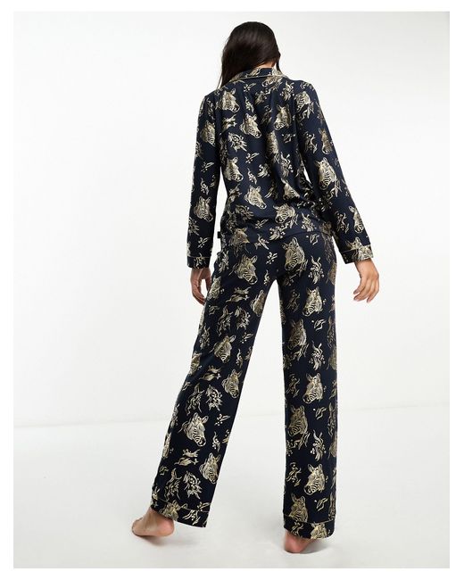 Chelsea Peers Black Exclusive Christmas Jersey Gold Foil Zebra Print Revere Top And Trouser Pyjama Set