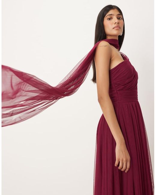 LACE & BEADS Red Bridesmaid One Shoulder Scarf Neck Maxi Dress