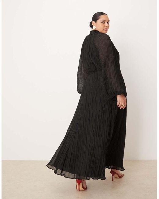 ASOS Black Asos Design Curve Crinkle Pleat Blouson Sleeve High Neck Maxi Dress