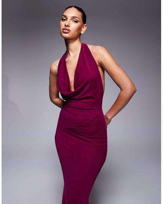 Murci Exclusive Mesh Halterneck Open Back Cowl Neck Maxi Dress in Purple |  Lyst UK