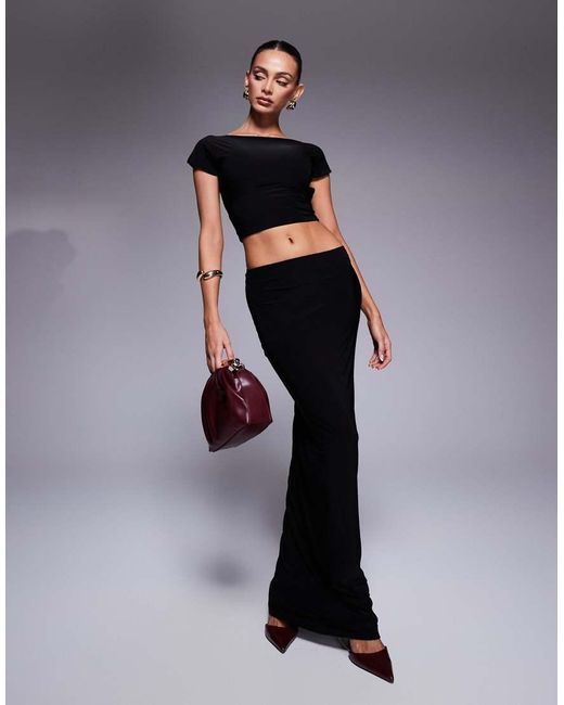 Kaiia Black Exclusive Double Layered Slinky Column Maxi Skirt Co-Ord
