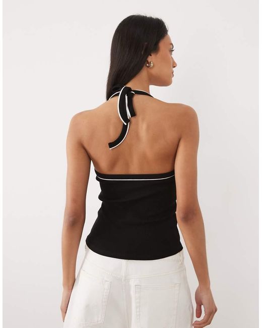 ASOS Black Ribbed Halter Neck Top With Contrast Piping