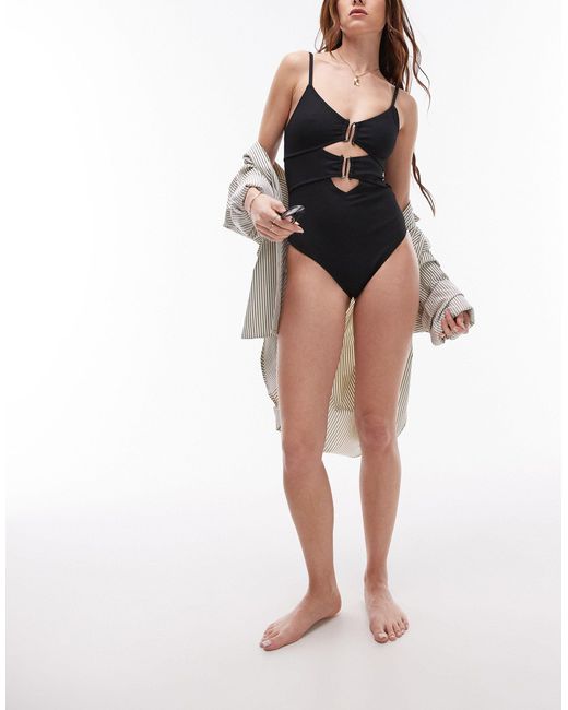 TOPSHOP Black Rib Cut Out Swimsuit With Metal Trim