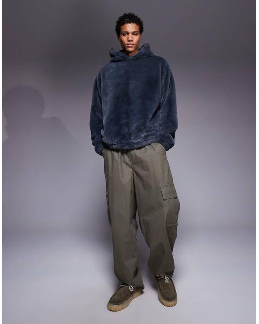 Sudadera Gris Extragrande Con Capucha Y Bolsillos Con Abertura Lateral De Piel Sintética De ASOS de hombre de color Blue