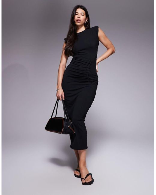 ASOS Black Shoulder Pad Ruched Detail Midi Dress
