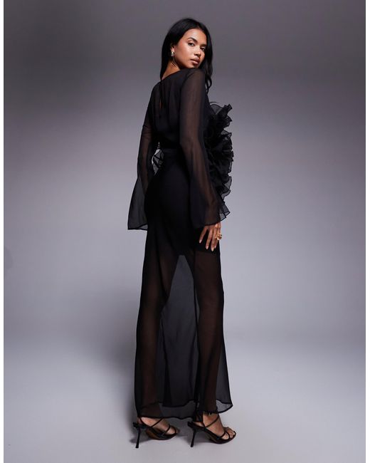 ASOS Gray Long Sleeved Sheer Maxi Dress With Oversized Floral Ruffle Bodice