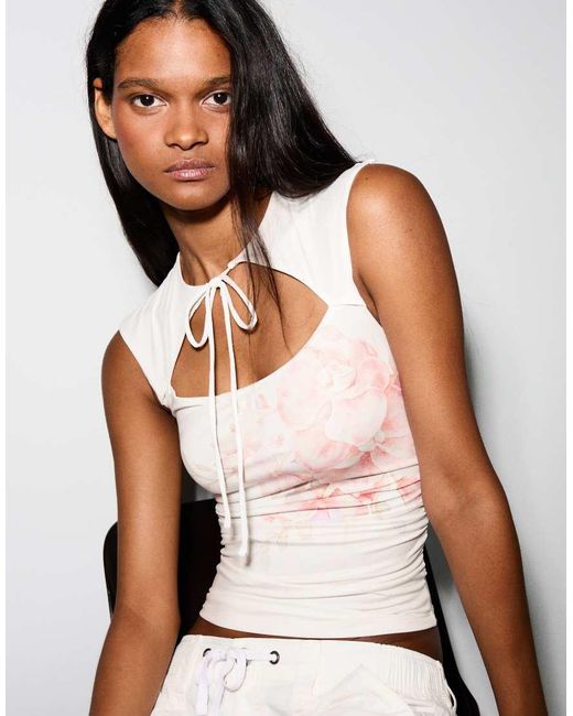 Bershka Natural Printed Top With Split