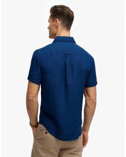 Superdry Blue Riviera Short Sleeve Linen Shirt for men