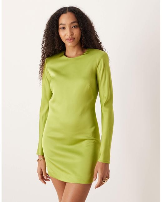 Mango Women's Green Satin Open Back Long Sleeve Mini Dress