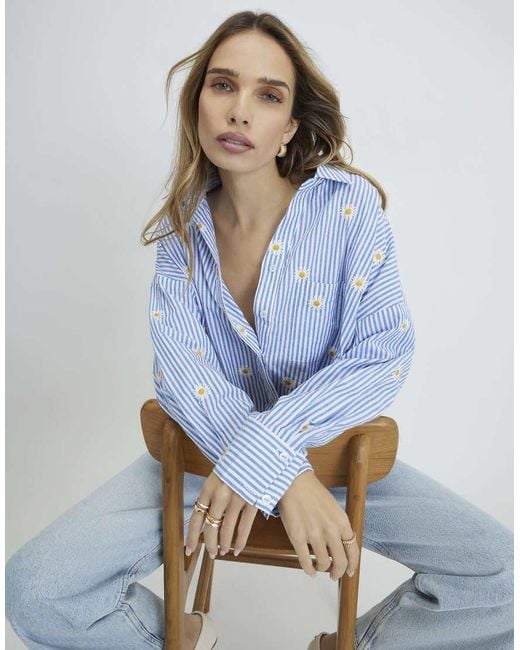 River Island Blue Striped Daisy Embroidered Knot Shirt