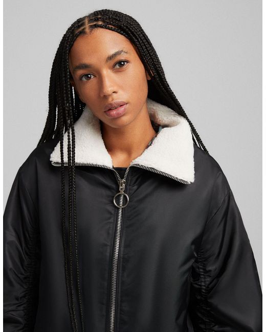 Bershka Borg Lined Bomber Jacket in 