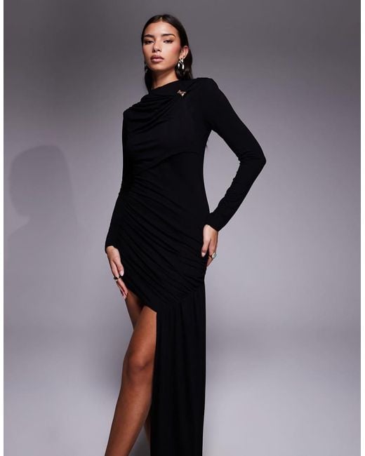 ASOS Blue Long Sleeve Drape Mini Dress With Trim And Sash Detail